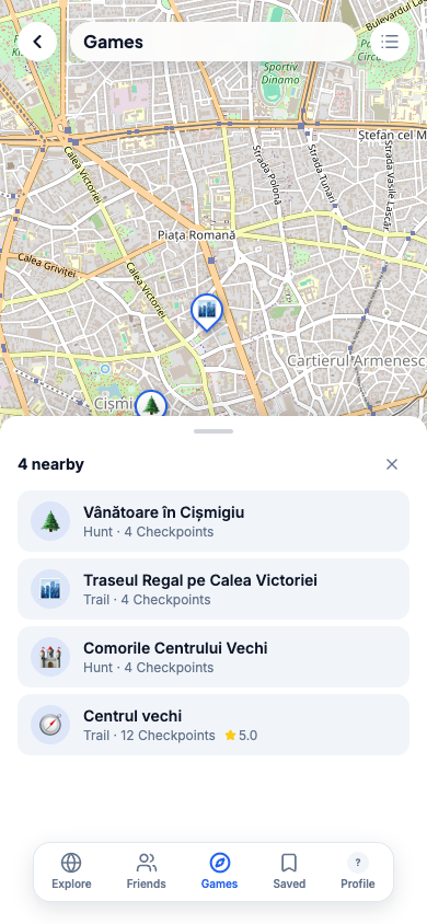 Der Bereich Games, mobile Version, mit der Liste der Spiele in der Nähe.